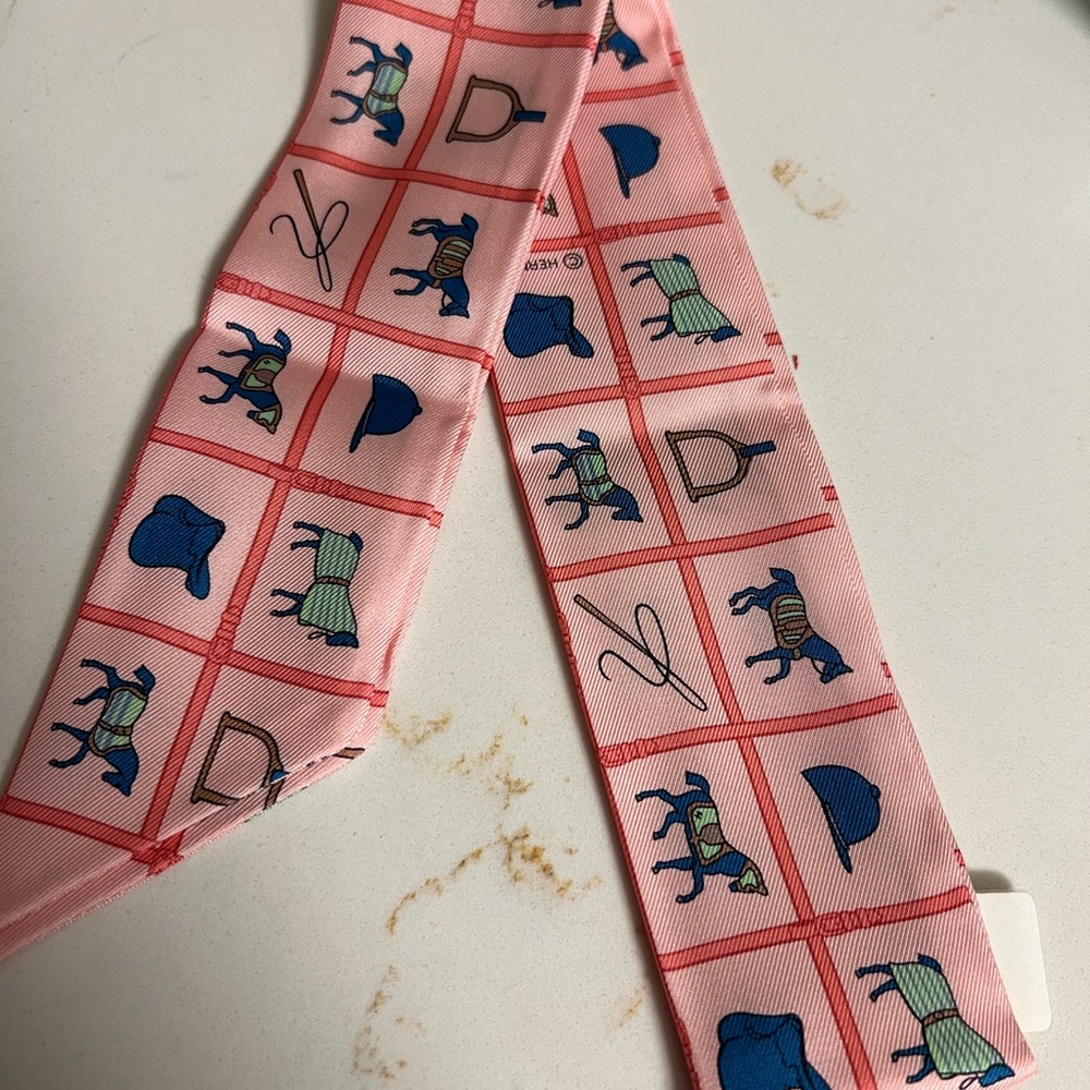 Hermes Pink Scarf with Horse and Icon Print